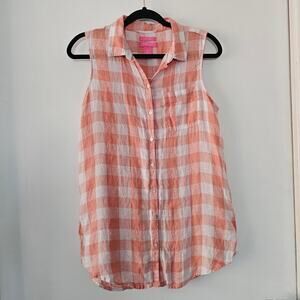 Isaac Mizrahi Womens Sleeveless Linen Blouse Sz S Peach White Gingham